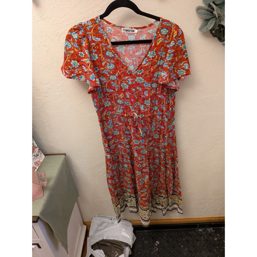 TEMOFON Red Floral Flutter Sleeve V Neck Drawstring Midi Dress Womens Size S